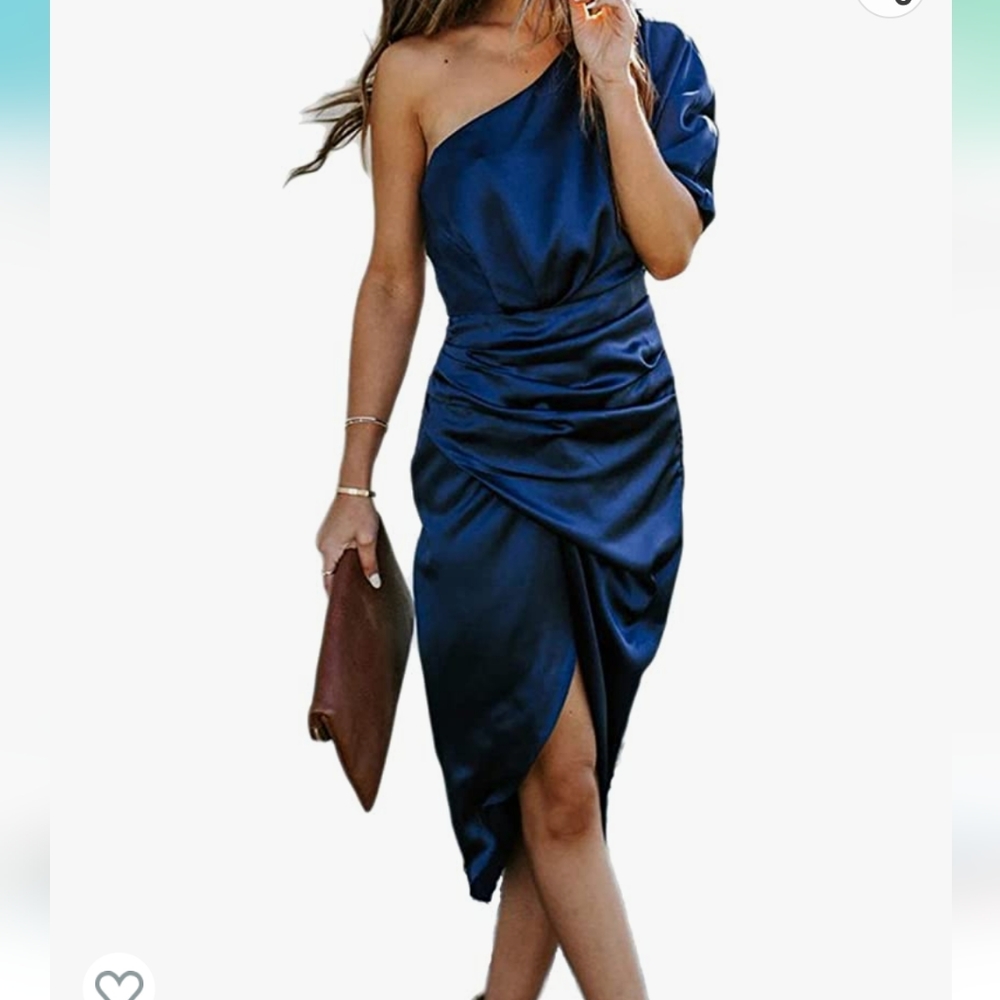 MEDIUM Blue Satin Ruffle Midi Dress One Flowy Sleeve Sexy Formal Cocktail WOMENS